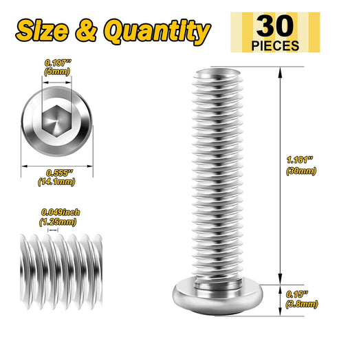 30Pcs M8 x 30mm, M8 Screw Flat Head Hex Socket Cap Screws Bolts, 304 Stainless Steel Full Thread Furniture Screws by