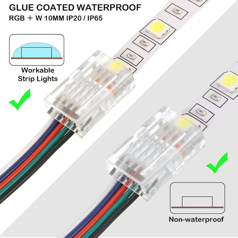 RGB LED Light Strip Connectors, 20 Waterproof Solderless Transparent Adapters for 5 Pin 10mm LED Light Strips