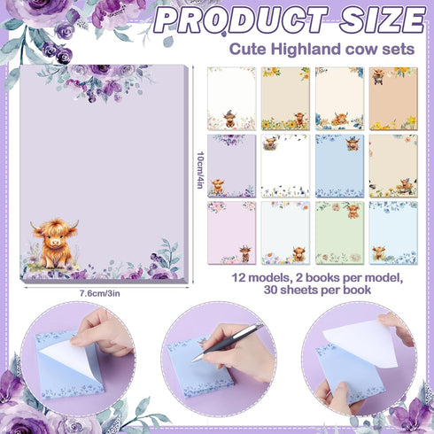 Janlaugh 24 Pads Highland Cow Sticky Notes, 1440 Sheets, Cute Cow Memo Pads for Office Supplies