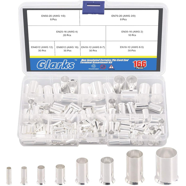 Glarks 166Pcs Wire Ferrules Kit, 8 Sizes AWG 12 10 8 6 4 2 1 2/0, Silver Plated Copper Crimp Connectors