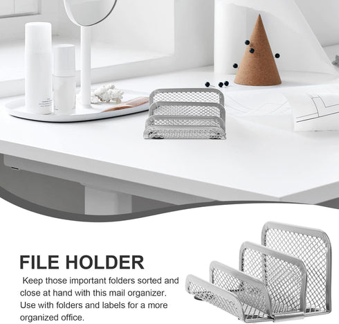 NUOBESTY Metal Mesh Vertical Book Organizer Desk Mail Sorter, Small Rack with Upright Compartments - Silver