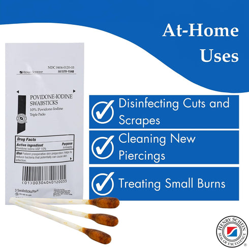 3's, Packed, 10% 25/BX Henry Schein Prep Povidone-Iodine Swabsticks Individually Sterile, Antiseptic for Skin