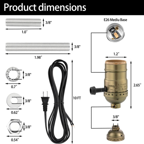 4-Stage E26 Settings, 10ft Lamp Holder Replacement Kit, Threaded Base, Turn Knob for Strong/Medium/Weak/Off Light