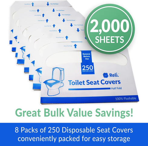 (2000 8 Packs 250) 14x16" Reli. Toilet Seat Covers Pcs, of | Disposable Toilet Seat Cover - Flushable - (Half-Fold) |
