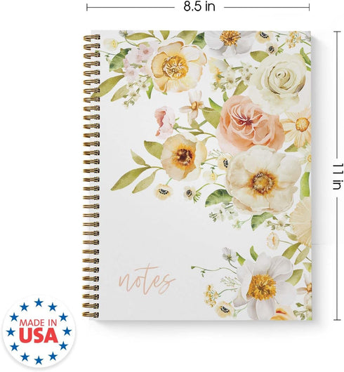 Floral Bouquet Spiral Notebook, 8.5" x 11" Journal, 120 College Ruled Pages, Durable Gloss Laminated Softcover, Gold