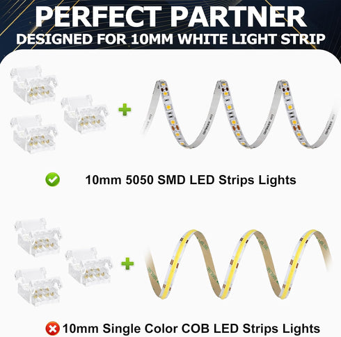 LightingWill 4Pin 10mm, 10 4 5050 RGB LED Connectors PCS Strip to Wire Connector Transparent Solderless, LED Tape Light