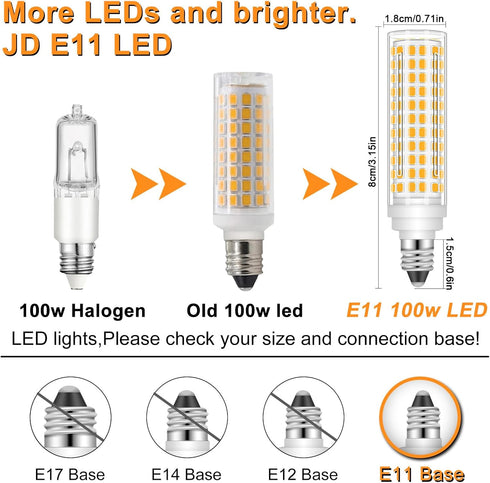 JD E11 LED Bulb, Dimmable, E11 120V, 100W Halogen Equivalent, T3/T4 Mini Candelabra Base, 10W, 1000 LM E11 Bulbs for