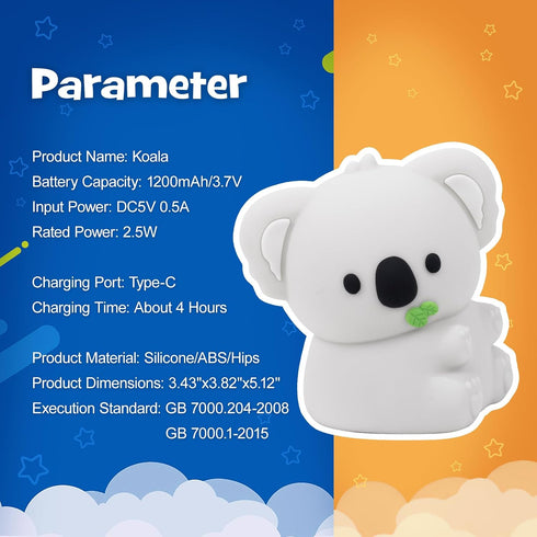 Greprety 3-Level Koala Night Light Squishy Silicone Nursery Breastfeeding Nightlight with Timer Warm White & RGB Color
