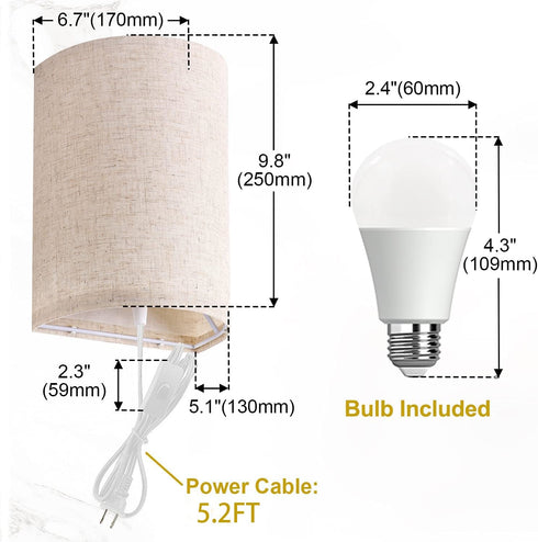 Set 2700K 4000K 5000K AVV Wall Sconces of Two, Wall Lamp Plug in with On/Off Switch, Selectable, Wall Lights