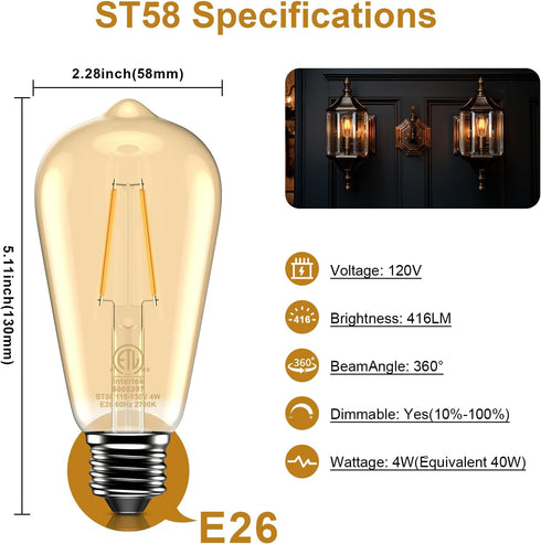 LED Dimmable Edison Light Bulbs 4W, 2700K Warm White (Amber Glass) ST58, E26 Base Pack of 6 by ASOKO
