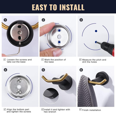 ARCORA Black and Gold Towel Hooks, SUS 304 Stainless Steel Double Wall Hooks for Bathroom, Heavy Duty Robe Hooks