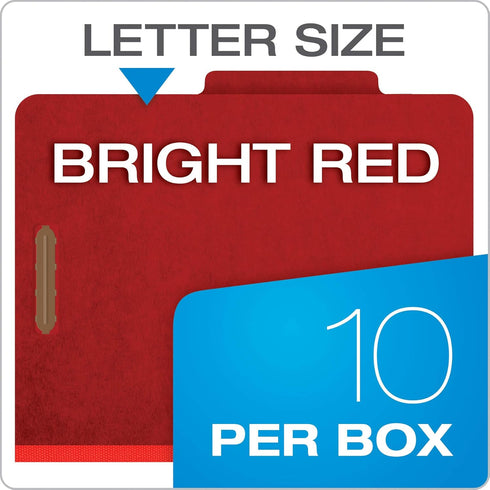 Pendaflex Pressboard Classification File Folders, 3 Dividers, 2" Fasteners, 2/5 Tab Cut, Letter Size, Bright Red, Box