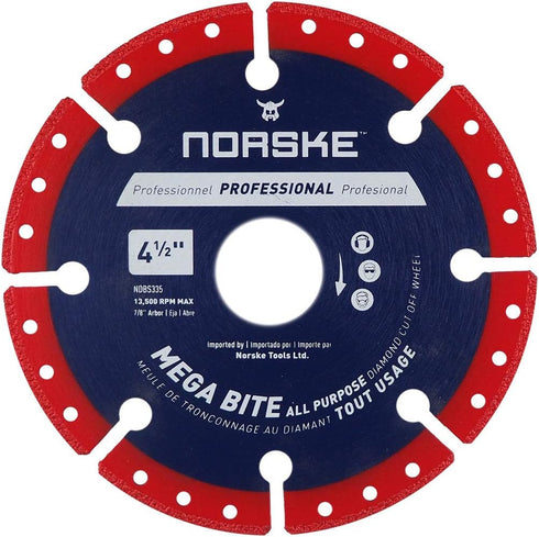 Norske Tools NDBS335 4.5 inch Mega Bite Diamond Cutoff Wheel, 7/8 inch Bore for Cutting.