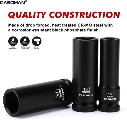 14PCS 1/2" Set, 6-Point, 10mm 32mm, CASOMAN Drive Deep Impact Socket Metric, CR-MO, to for Auto Repair, Mechanic
