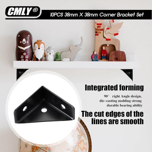 CMLY 10Pcs 38mm 38mm, Corner Brackets, x Black Steel, Triangle Shelf Brackets, Corner Desk Connectors for Wood, Metal