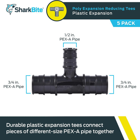 SharkBite 3/4 Inch x 3/4 Inch x 1/2 Inch Poly Expansion Reducing Tee for PEX-A Pipe, Pack of 5, Plastic Plumbing Fittings, Reducing Tee for PEX-A Tubing, UA412A5 by SharkBite