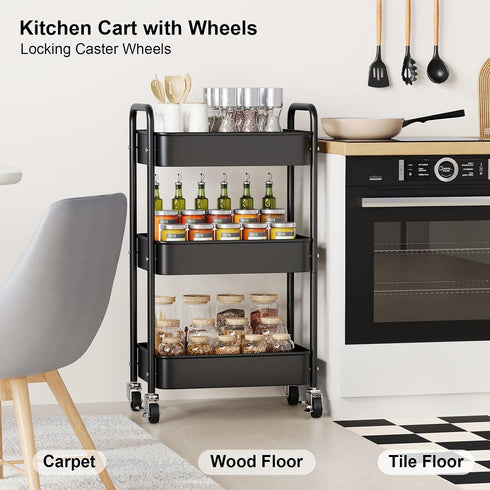 WBKATN 3 Tier Rolling Cart Metal, Black Carts with Lockable Wheels, Three Tiered Utility Trolley on Wheels, Sturdy Art