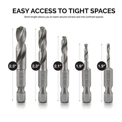 NEIKO 11402A Stubby Drill Bit Set for Metal, 5 Piece 1/4" Quick Change Hex Shank, M2 High Speed Steel