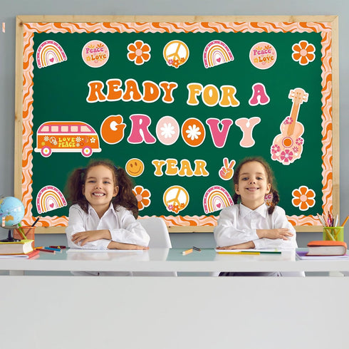 Whaline 60Pcs Groovy Retro Boho Bulletin Board Kit, Pink Orange Rainbow Flower Cutouts for Classroom Office Decor