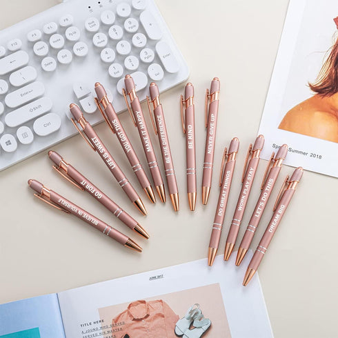 PASISIBICK 12 Pieces Rose Gold Motivational Quotes Snarky Screen Touch Stylus Ballpoint Pens, Black Ink (Rose Gold)