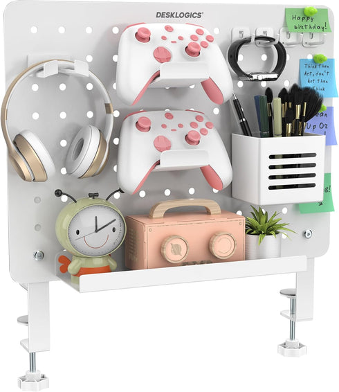 Clamp-on Desk Pegboard, Steel Desktop Organizer, Magnetic Metal Peg Board for Gaming & Office, No-Drill, White