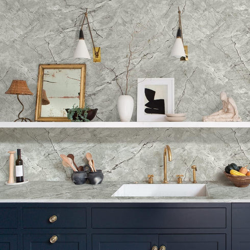 Erfoni Gray Glossy Marble Wallpaper, Peel and Stick Contact Paper for Kitchen Cabinets, 15.8"x118.1"