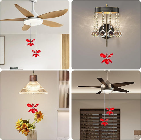 2 Pack Silver Ceiling Fan Pull Chains Extension, Red Crystal Prisms Flower Pendant Pull Chains for Ceiling Fans