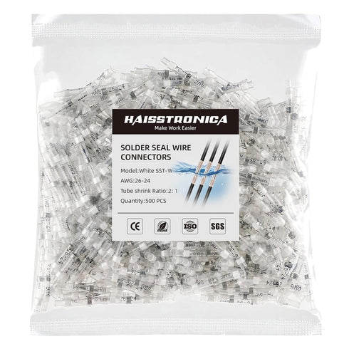 500PCS White Solder Seal Wire Connectors AWG26-24, Marine Grade Waterproof Solder Wire Connectors, Insulated Butt Splice