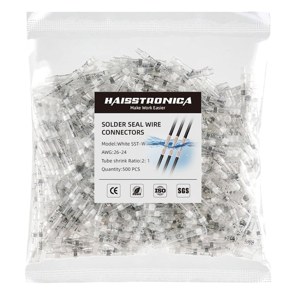 500PCS White Solder Seal Wire Connectors AWG26-24, Marine Grade Waterproof Solder Wire Connectors, Insulated Butt Splice