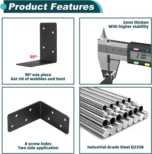 20Pcs Braces,4"x4"x2" 2mm Brackets,90 Corner Black L Brackets for Wood,Heavy Duty Steel Black Raised Garden Bed Corner