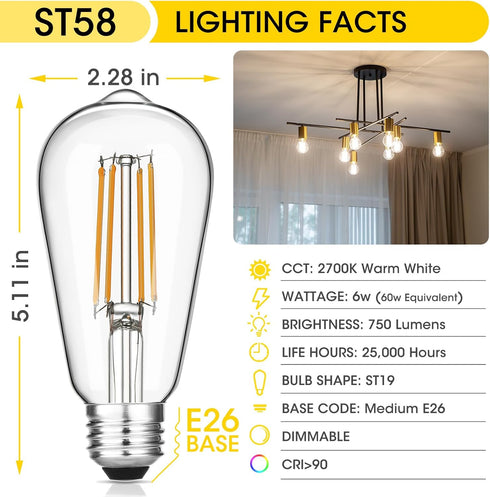 Gozelux Bulbs, 6W, 60W, Dimmable, 2700K, ST58 Bulbs 90+ E26 8 Count (Pack 1) Vintage LED Edison Equivalent Warm White