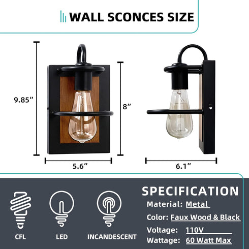 E26 Farmhouse Wall Light Fixtures,Modern Industrial Wall Sconces Lighting Indoor with Base Faux-Wood Color Matte Black