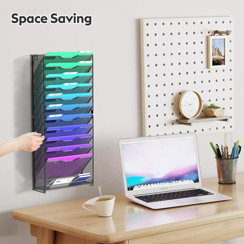 samstar 12 Tier Wall File Organizer, Hanging Wall Mount Paper Folder Mail Holder, Mesh Metal, Black