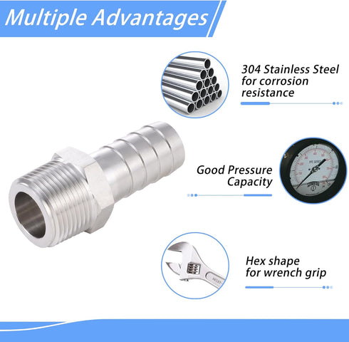 2 Pcs Stainless Steel 1/4" Barb x 1/2" MNPT Male Adaptor Coupler Connector for Home Brew Fitting