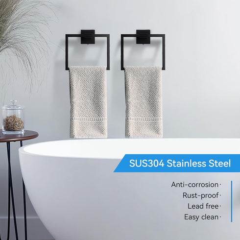 Hand Towel Holder for Bathroom Wall Mount Matte Black Square Hand Towel Rings for Bathroom Hardware Accessories Kitchen Toilet SUS 304 Stainless Steel Shower Towel Hanger Racks, A8896MB