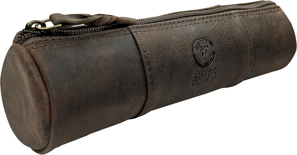 Rustic Town Leather Pencil Case - Full Grain Leather Zippered Pen Pouch