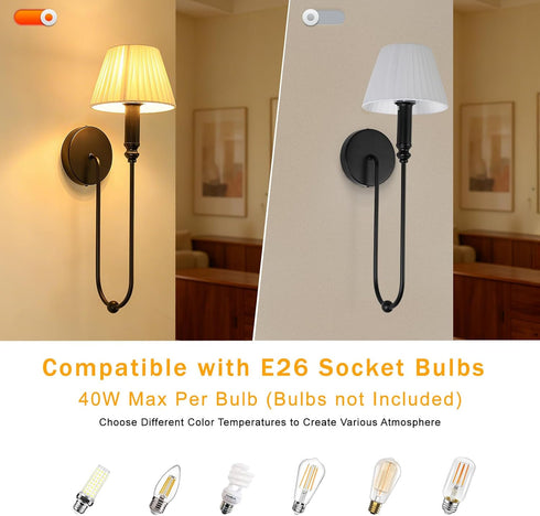 cancomzone Sets 2 Set Wall Sconces of | Bathroom Wall Sconces of Two with Pleated Shades | Black Wall Lighting