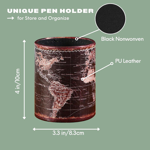 Black World Map Pencil Holder for Desk, PU Leather Pencil Cup, Globe Pen Holder Organizer