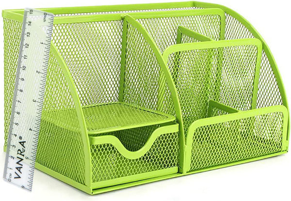VANRA Mesh Desk Organizer, Office Supply Caddy with 6 Compartments and Drawer (Green)