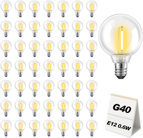 Adirxon 50-Pack G40 LED Replacement Light Bulbs Bulk Shatterproof 0.6W E12 Base 2700K