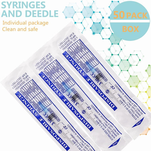 50 Pack 3ml Syringes with Needle - 23 Gauge, 5/8 inch Needle Luer Lock Syringe, Individually Sealed Packaged