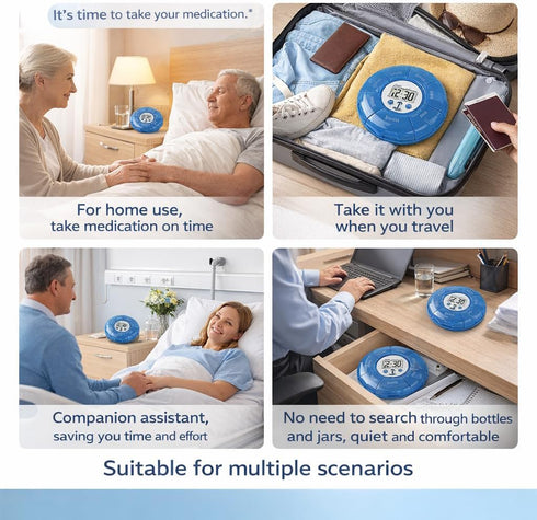SPYMINNPOO Setting Case with Alarm, Up Voice Reminders for Medication Times Dispenser Reminder Alarm (Blue)