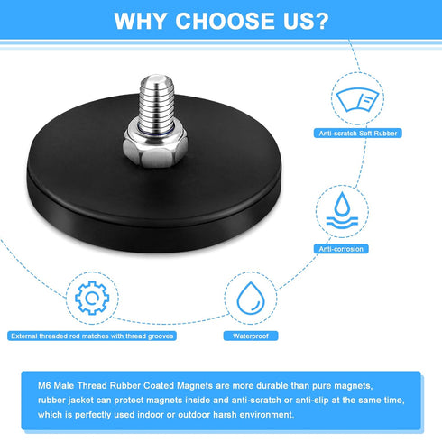 Learay 6 Pack 31 LBS M6 Rubber Coated Magnets, Neodymium Magnet Base with Threaded Studs, Strong Mounting Stud Magnet