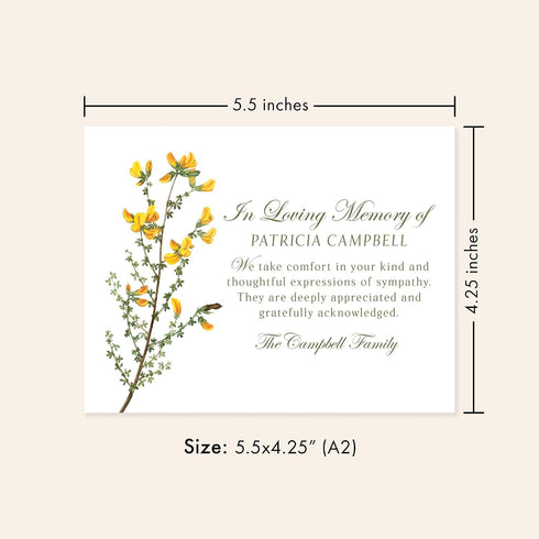 5.5x4.25 Sympathy Thank You Cards, Personalized Flat Funeral Thank You Cards with Yellow Flowers, Envelopes Included