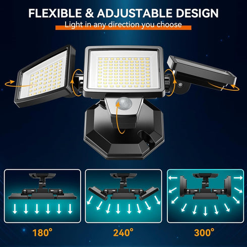 6500K IP65 3-Head LED Security Lights Motion Sensor Outdoor Lights, Daylight, Waterproof, Dusk to Dawn, Motion Detected
