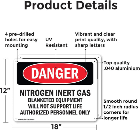 (2 Pack) Nitrogen Inert Gas Equipment OSHA Danger Sign 18 Inch X 12 Inch Rust-Free Aluminum Metal Signs