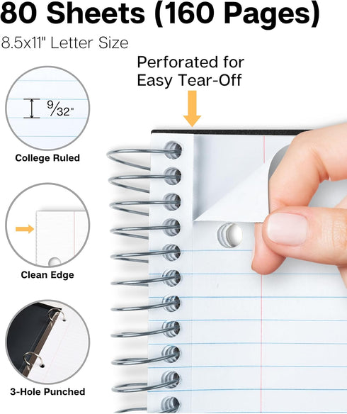 Dunwell College Ruled Spiral Notebook, 1 Subject, 8.5 x 11, Protective Plastic Cover, 80 Sheets, Perforated Pages
