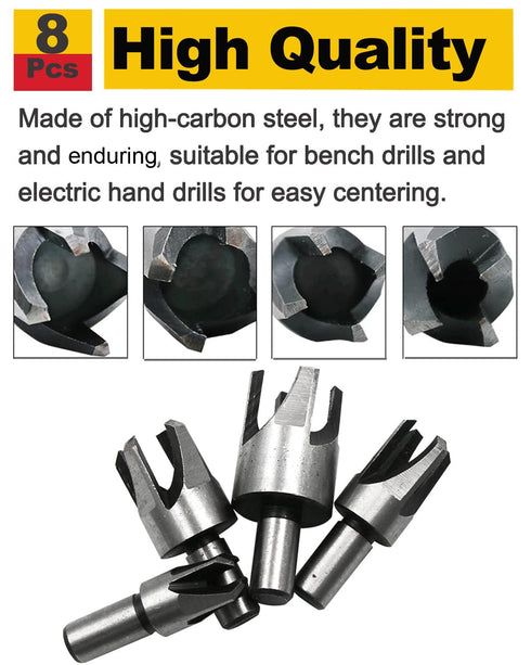 Rocaris 8pcs Wood Plug Cutter Drill Bit Set, Straight and Tapered Cutting Tool, 6mm 10mm 13mm 16mm
