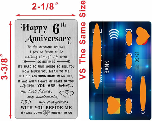 TANWIH 6th Anniversary Card for Wife - 6 Year Iron Wedding Anniversary Gifts for Her, Engraved Metal Wallet Card