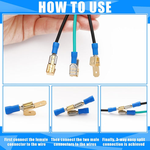 100 Pcs Piggyback Spade Connectors, 3 Way Adapter Dual Male to Single Female Brass Quick Disconnect Terminals